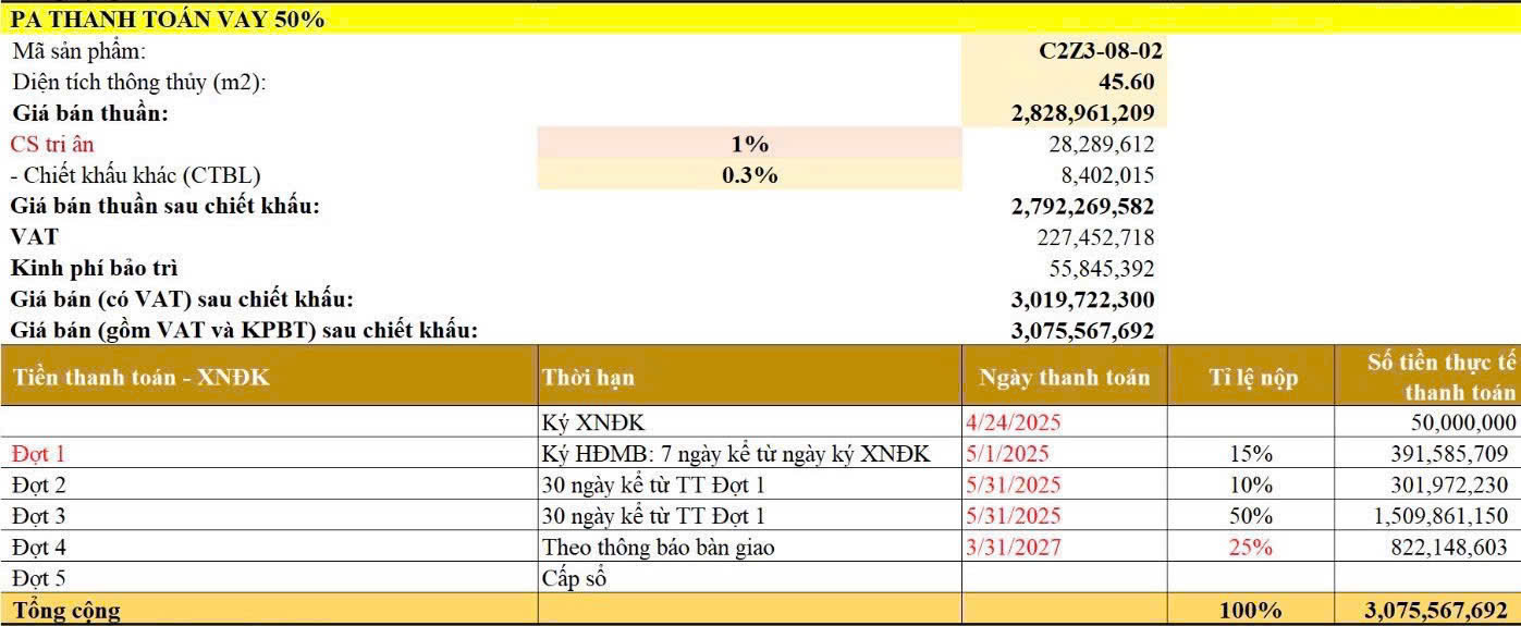 Phiếu Tính Giá 1PN+ C2Z3-08-02 Dự Án Trinity Square Hưng Yên